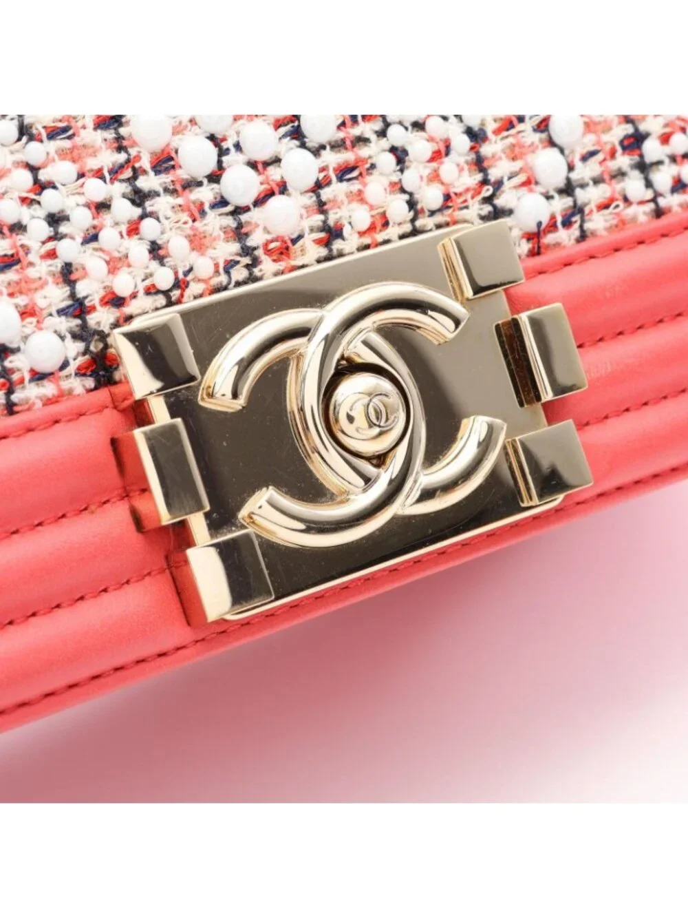 Chanel Shoulder Bag Boy Small Coral Pink White Fabric Leather Boy Stitch Pearl